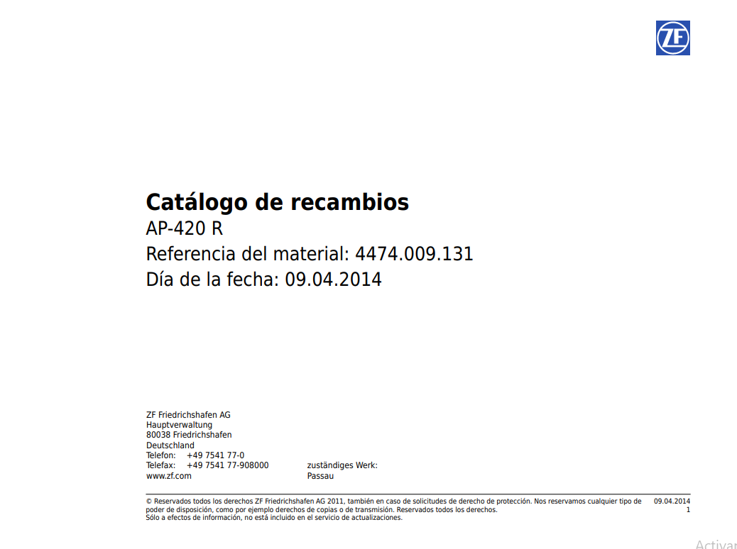 Catalogo de Recambios Eje Delantero ZF AP-420 R - 4474.009.131