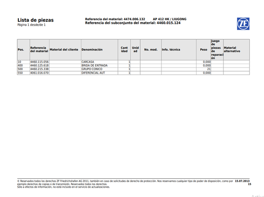 Catalogo de Recambios Eje Delantero ZF AP 412HK LIUGONG - 4474.006.132