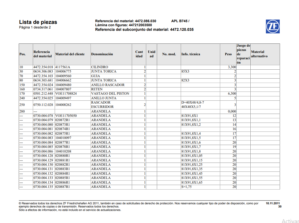 Catalogo de Recambios Eje Delantero ZF APL B745 - 4472.086.030