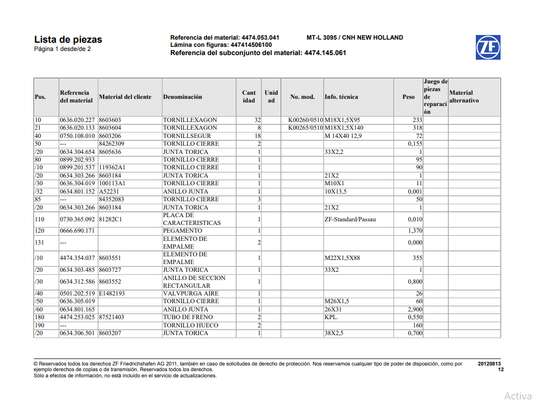 Catalogo de Recambios Eje Delantero ZF MT-L 3095 CNH NEW HOLLAND - 4474.053.041