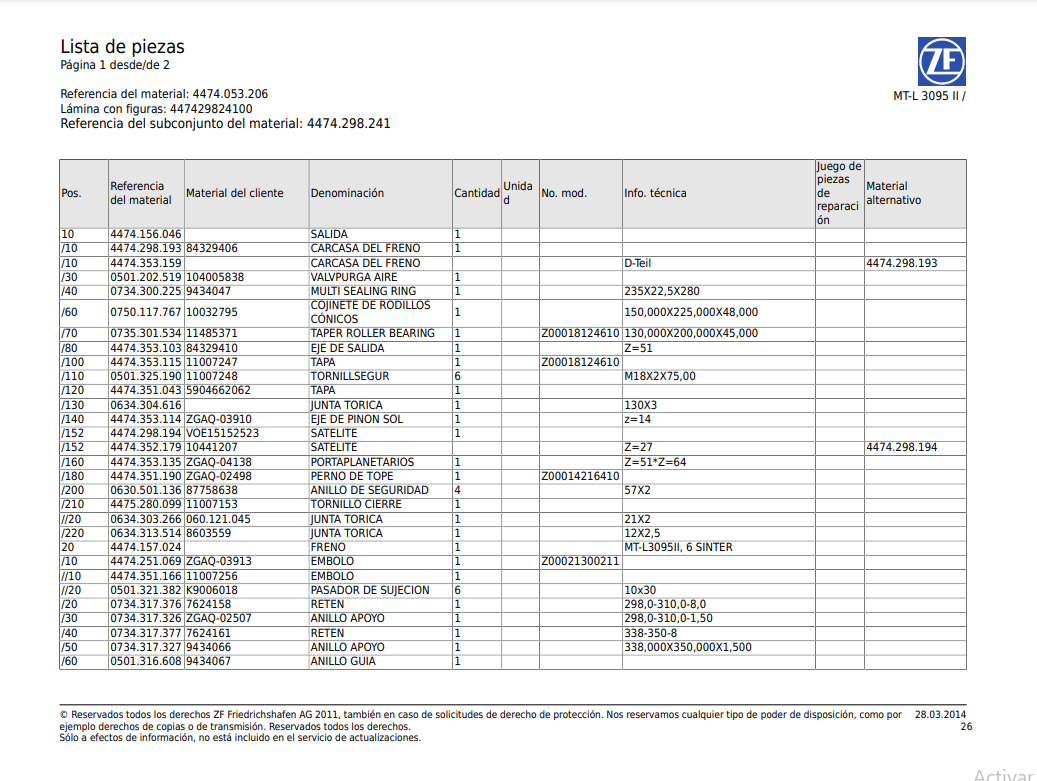 Catalogo de Recambios Eje Delantero ZF MT-L 3095 II - 4474.053.206