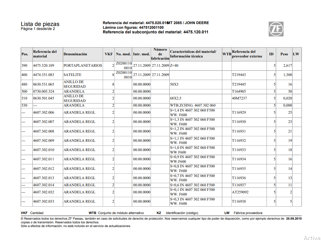 Catalogo de Recambios Eje Delantero ZF MT 2085 JOHN DEERE - 4475.020.016