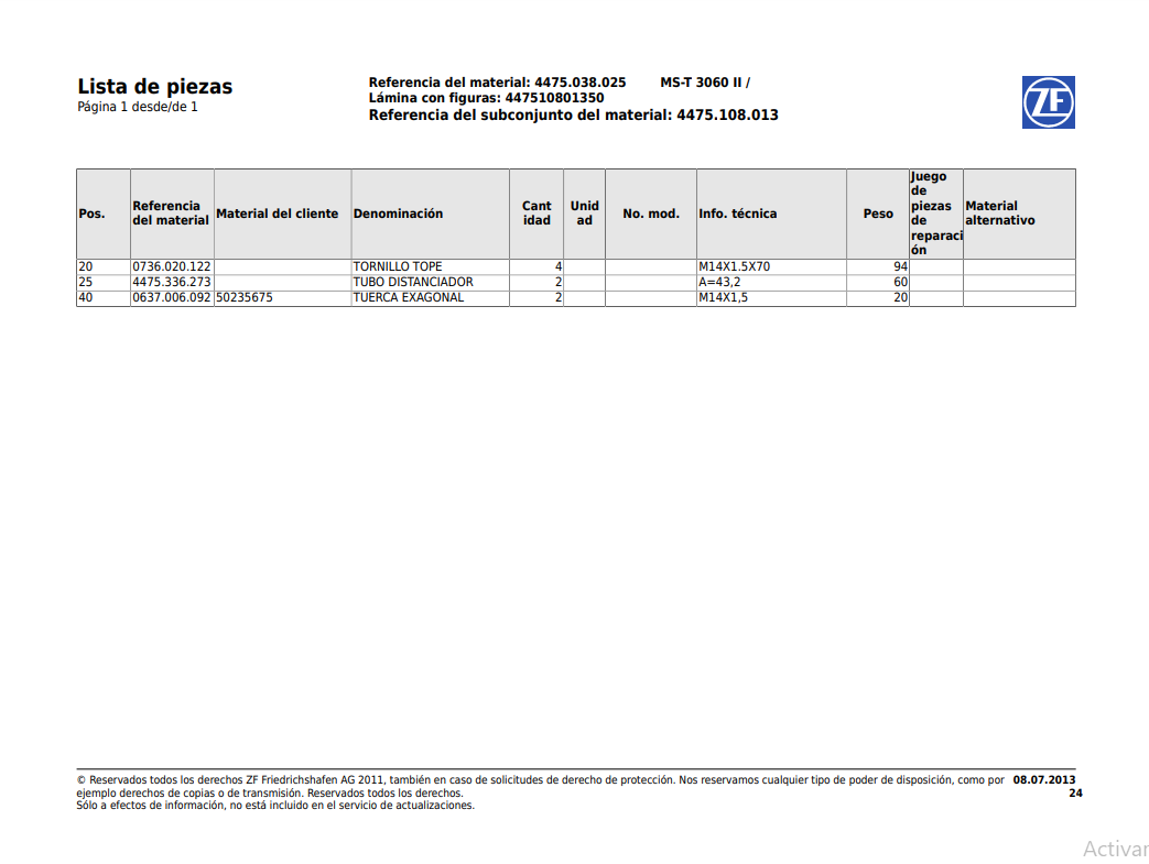 Catalogo de Recambios Eje Trasero ZF MS-T 3060 II - 4475.038.025