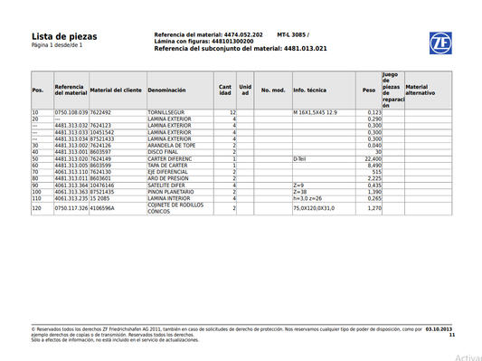 Catalogo de Recambios Eje Trasero ZF MT-L 3085 - 4474.052.202