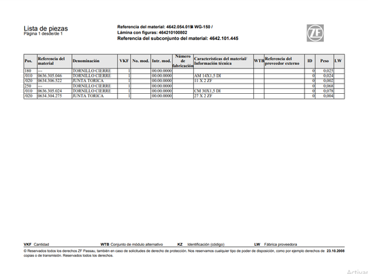 Catalogo de Recambios Servotransmisión ZF 4 WG-150 - 4642.054.019