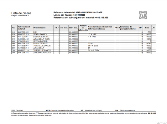 Catalogo de Recambios Servotransmisión ZF 4 WG-150 CASE - 4642.054.052