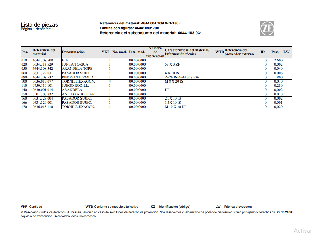 Catalogo de Recambios Servotransmisión ZF 4 WG-180 - 4644.004.208
