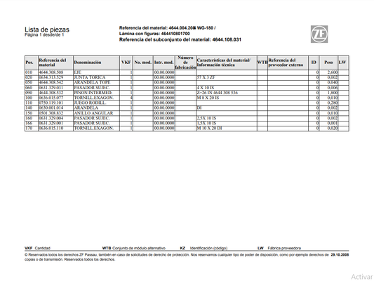 Catalogo de Recambios Servotransmisión ZF 4 WG-180 - 4644.004.208