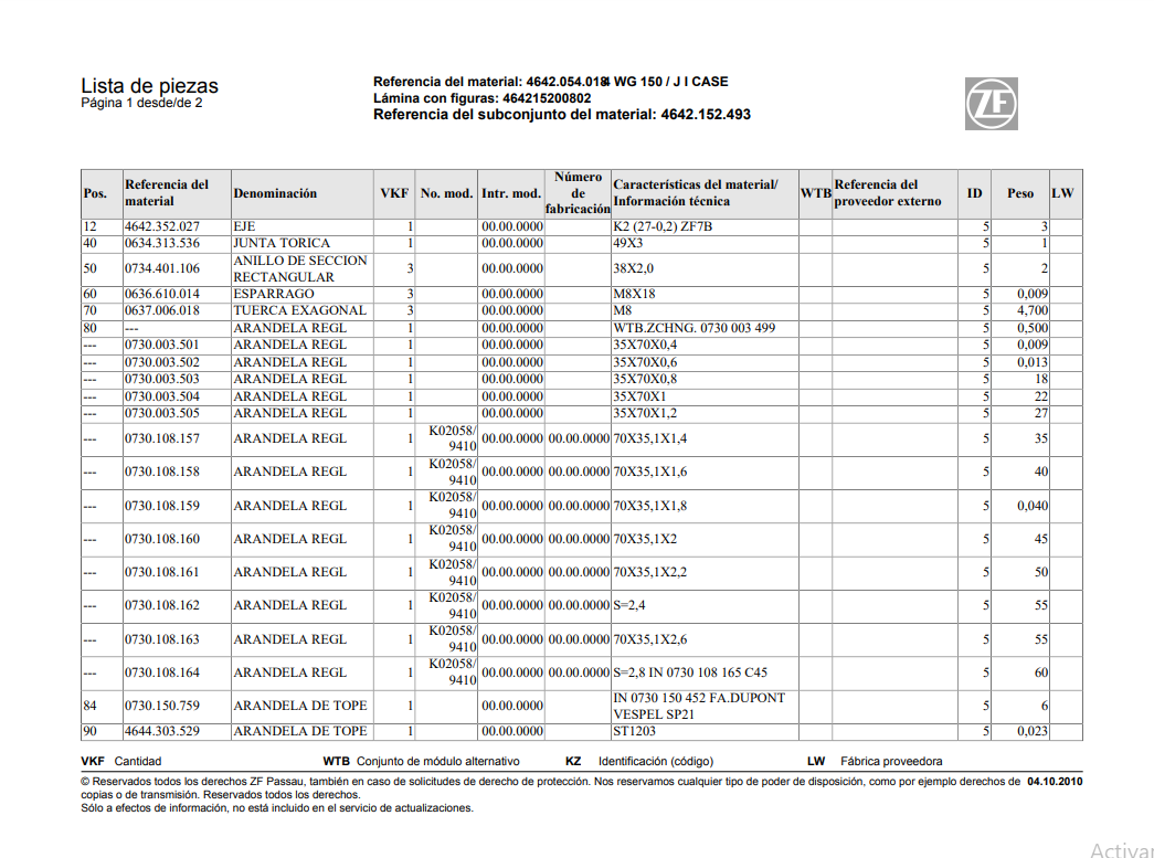 Catalogo de Recambios Servotransmisión ZF 4 WG 150 JI CASE - 4642.054.018