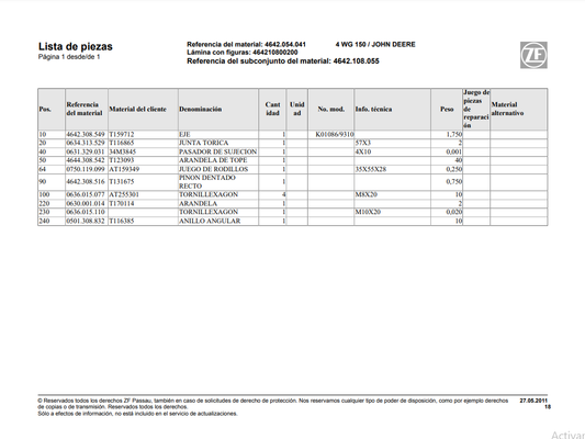 Catalogo de Recambios Servotransmisión ZF 4 WG 150 JOHN DEERE - 4642.054.041