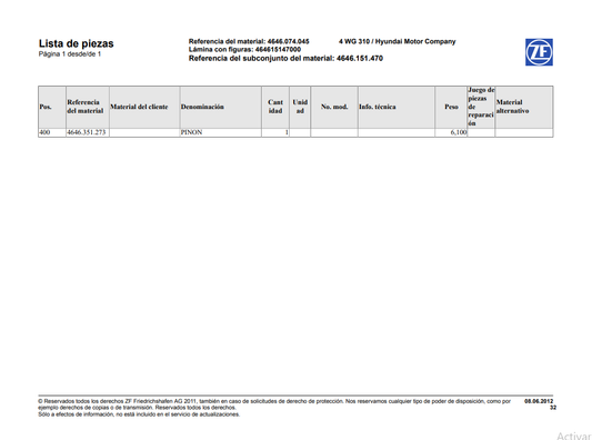 Catalogo de Recambios Servotransmisión ZF 4 WG 310 HYUNDAI - 4646.074.045