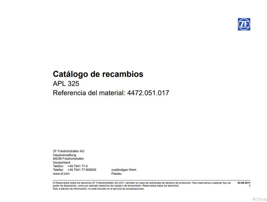 Catalogo de Recambios Transmisión ZF APL 325 - 4472.051.017