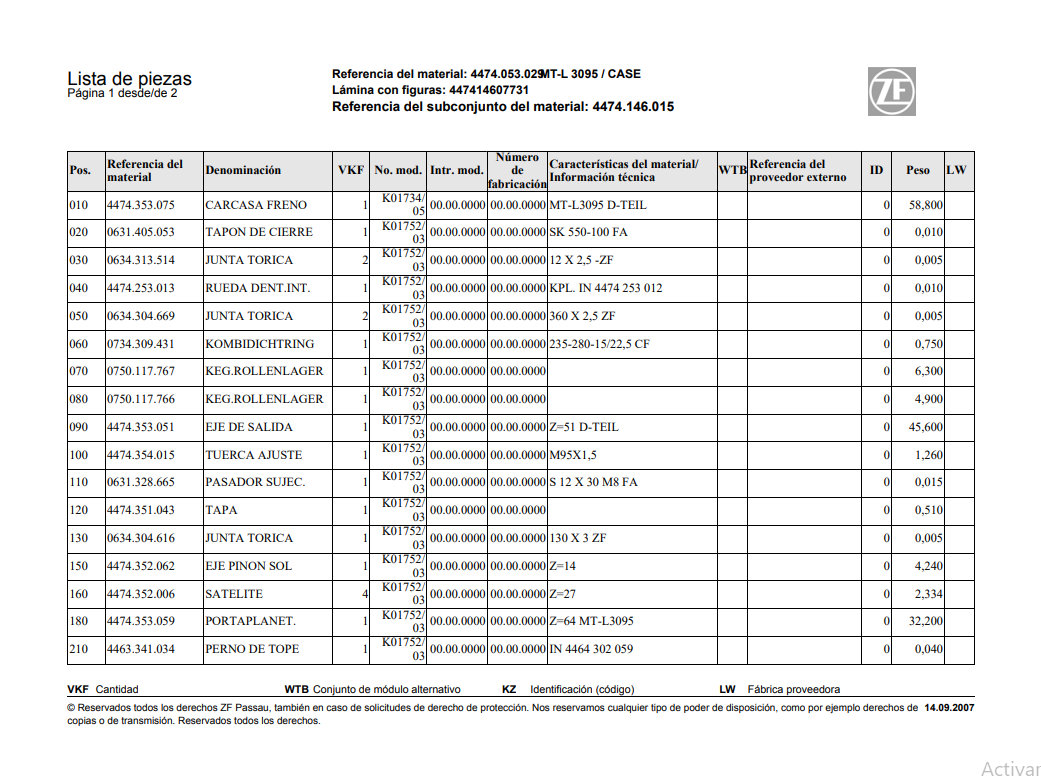 Catalogo de Recambios Transmisión ZF MT-L 3095 CASE - 4474.053.029