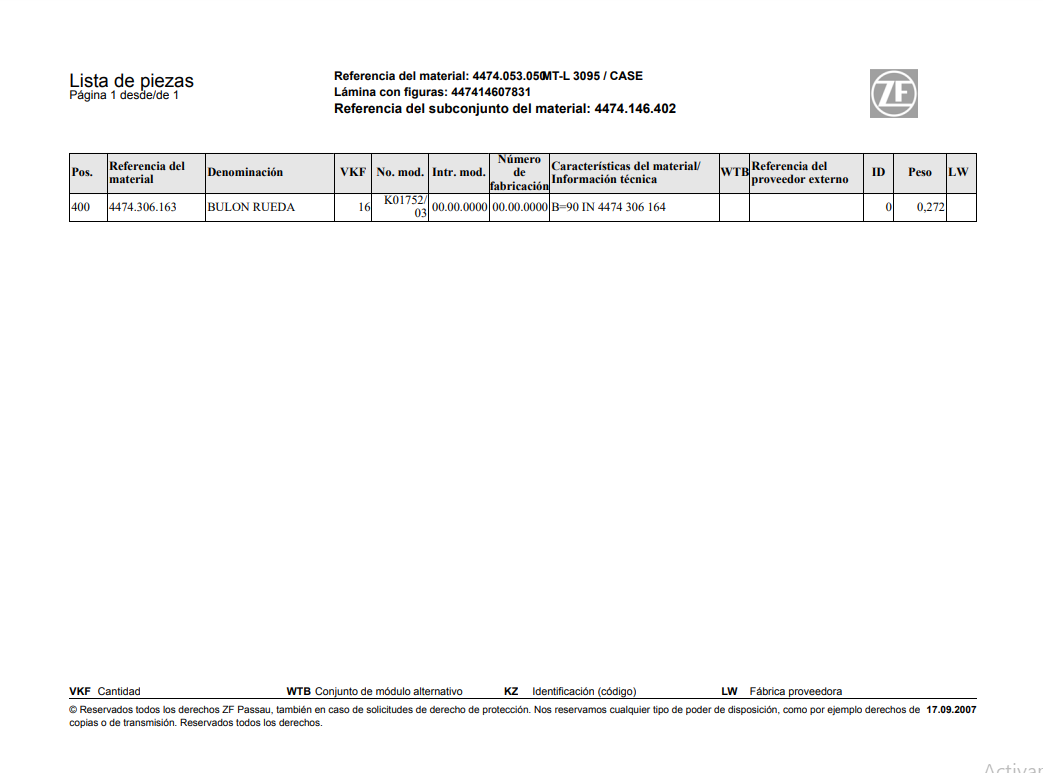 Catalogo de Recambios Transmisión ZF MT-L 3095 CASE - 4474.053.050
