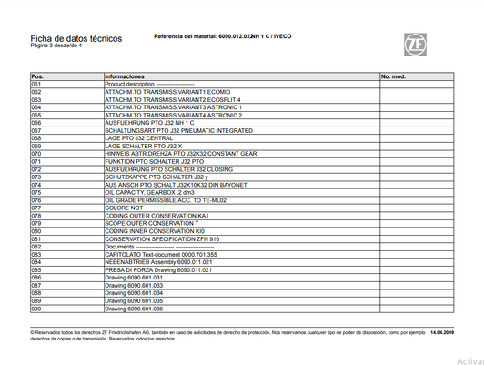 Catalogo de Recambios Transmisión ZF NH 1 C IVECO - 6090.012.022