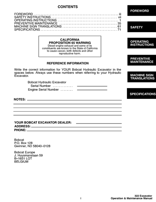 Manual Operación y Mantenimiento Excavadora Compacta Bobcat 322