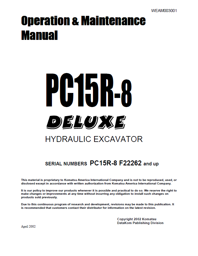 Manual de Operación y Manteniento Excavadora Hidraúlica Komatsu PC15R-8 - F22262