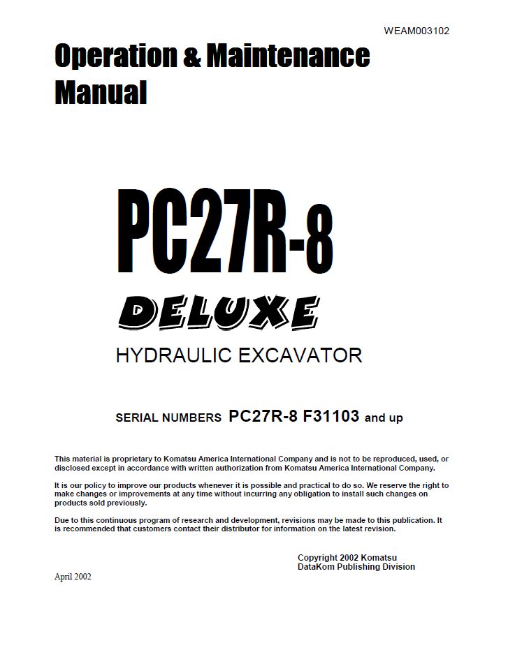 Manual de Operación y Manteniento Excavadora Hidraúlica Komatsu PC27R-8 Deluxe - F31103
