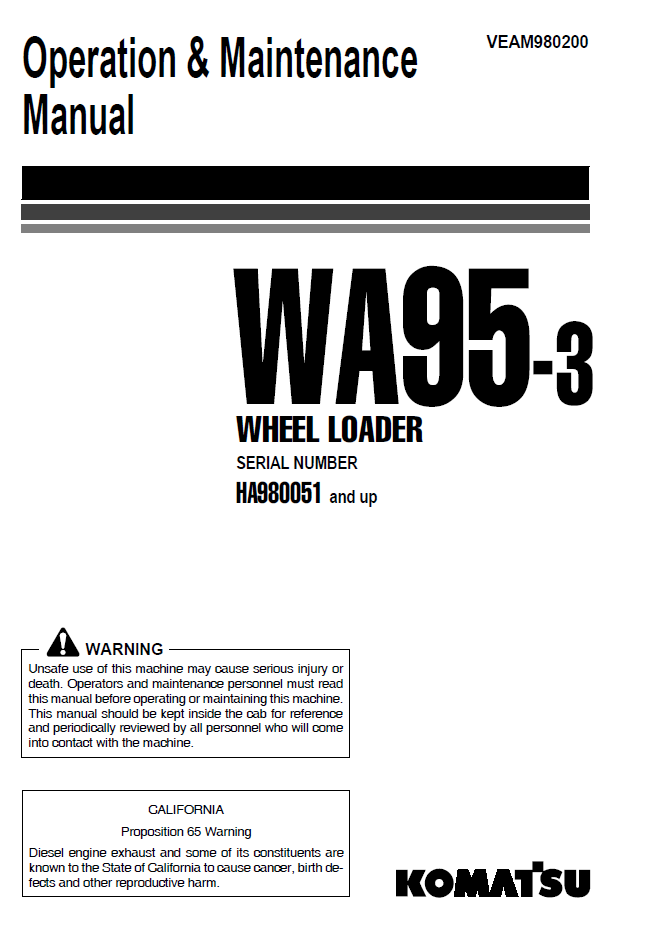 Manual de Operación y Mantenimiento Cargador Komatsu WA95-3 - HA980051