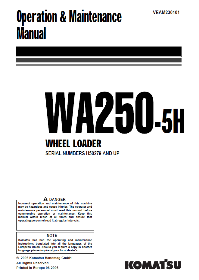 Manual de Operación y Mantenimiento Cargador WA250-5H - H50279