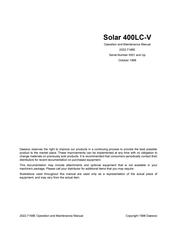 Manual de Operación y Mantenimiento Excavadora Daewoo Solar 400LC-V