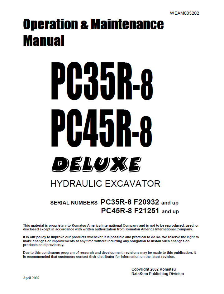 Manual de Operación y Mantenimiento Excavadora Hidraúlica Komatsu PC35R-8 - F20932, PC45R-8 - F21251