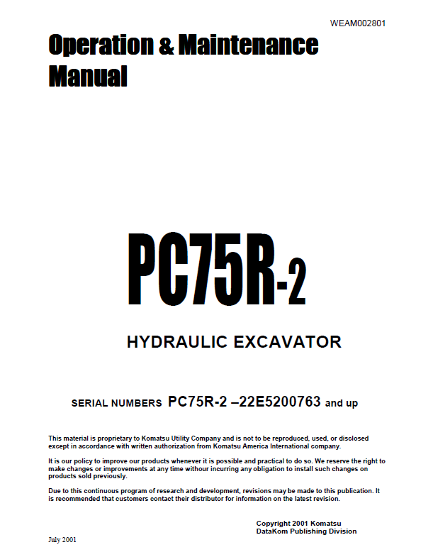 Manual de Operación y Mantenimiento Excavadora Hidraúlica Komatsu PC75R-2 - 22E5200763