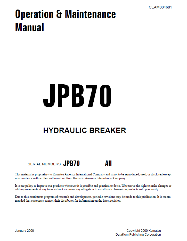 Manual de Operación y Mantenimiento Martillo Hidraulico Komatsu JPB70