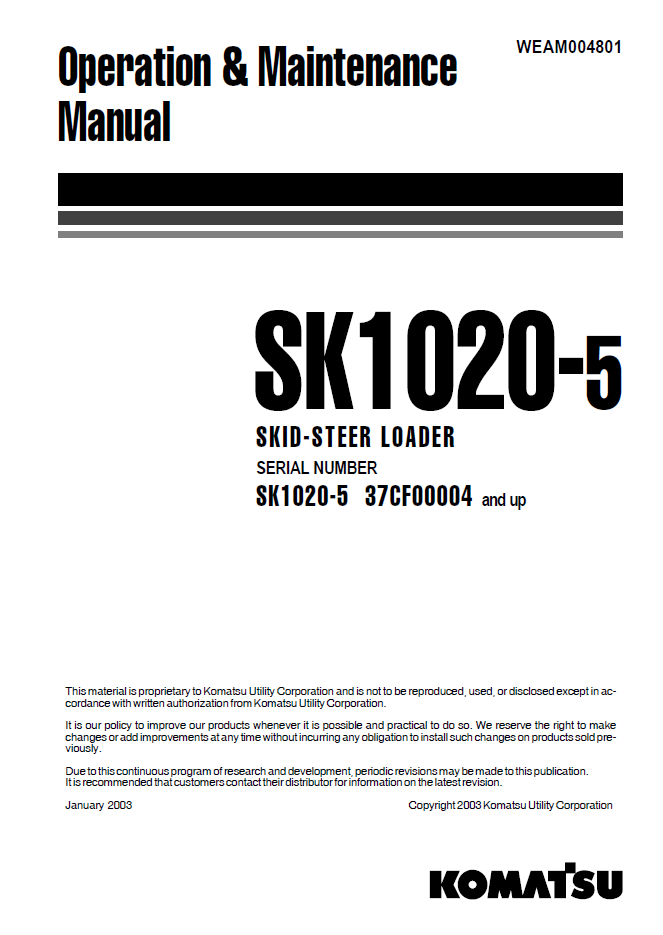 Manual de Operación y Mantenimiento Minicargador Komatsu SK1020-5 - 37CF00004