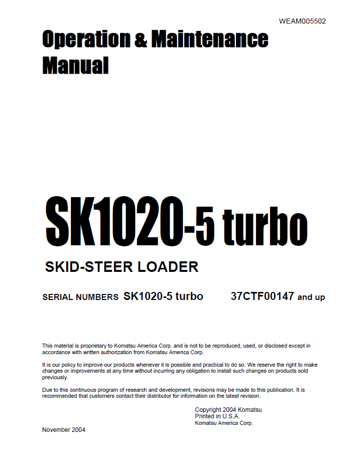 Manual de Operación y Mantenimiento Minicargador Komatsu SK1020-5 Turbo - 37CTF00147