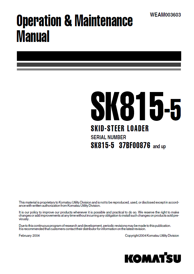 Manual de Operación y Mantenimiento Minicargador Komatsu SK815-5 - 37BF00876