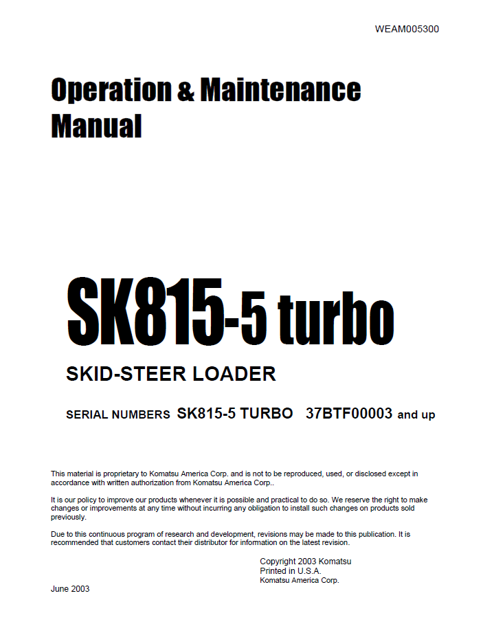Manual de Operación y Mantenimiento Minicargador Komatsu SK815-5 Turbo - 37BTF00003