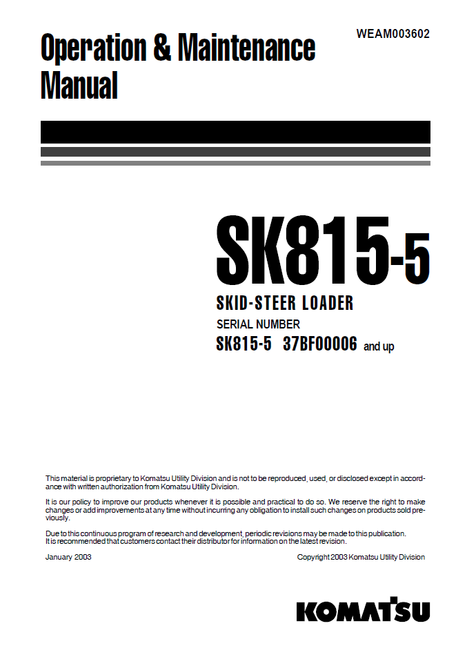Manual de Operación y Mantenimiento Minicargador Komatsu SK815-5 - 37BF00006