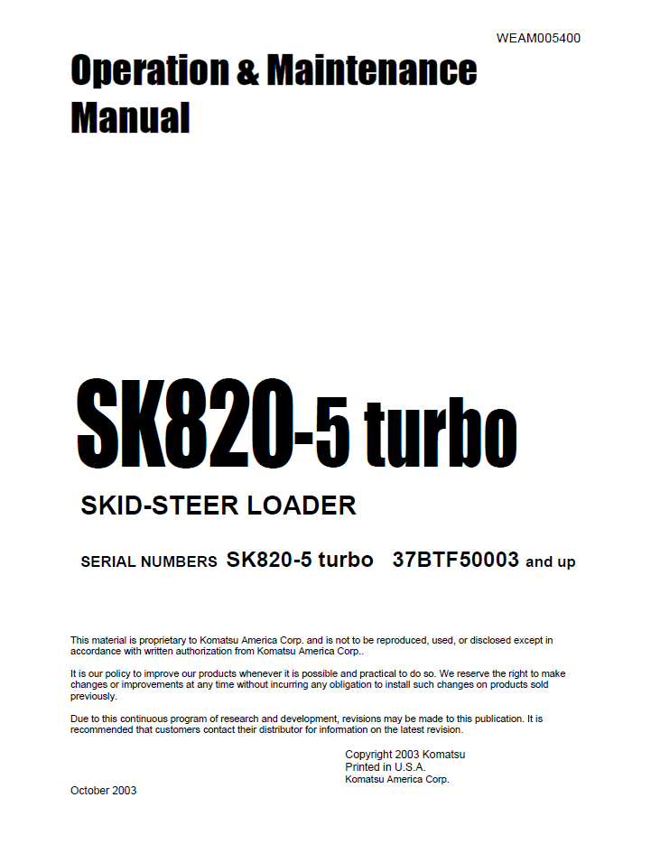 Manual de Operación y Mantenimiento Minicargador SK820-5 Turbo - 37BTF50003