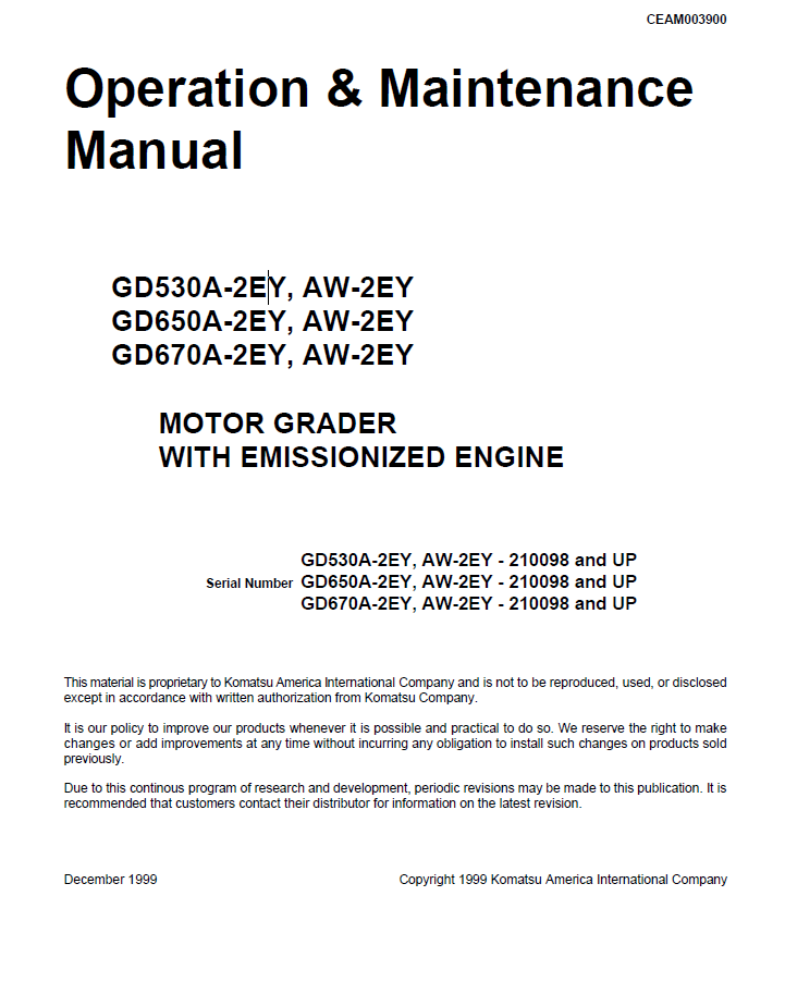 Manual de Operación y Mantenimiento Motoniveladora Komatsu GD530A-2EY, GD650A-2EY, GD670A-2EY