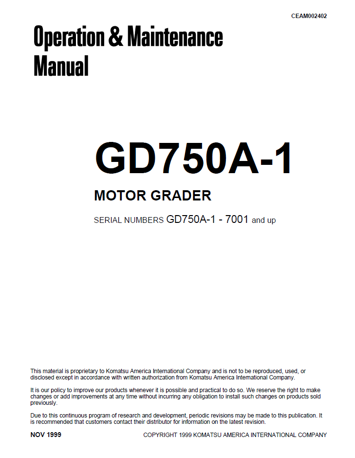 Manual de Operación y Mantenimiento Motoniveladora Komatsu GD750A-1