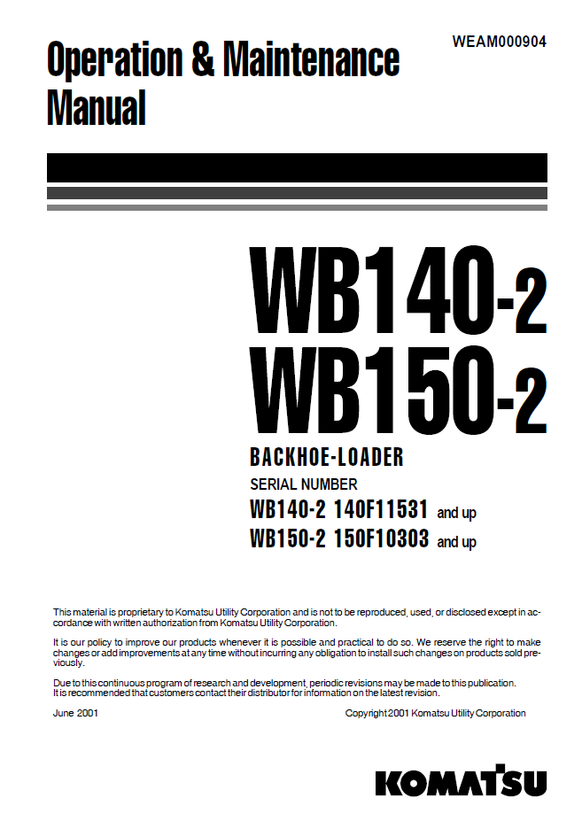 Manual de Operación y Mantenimiento Retroexcavadora Komatsu WB140-2 - 140F11531, WB150-2 - 150F10303