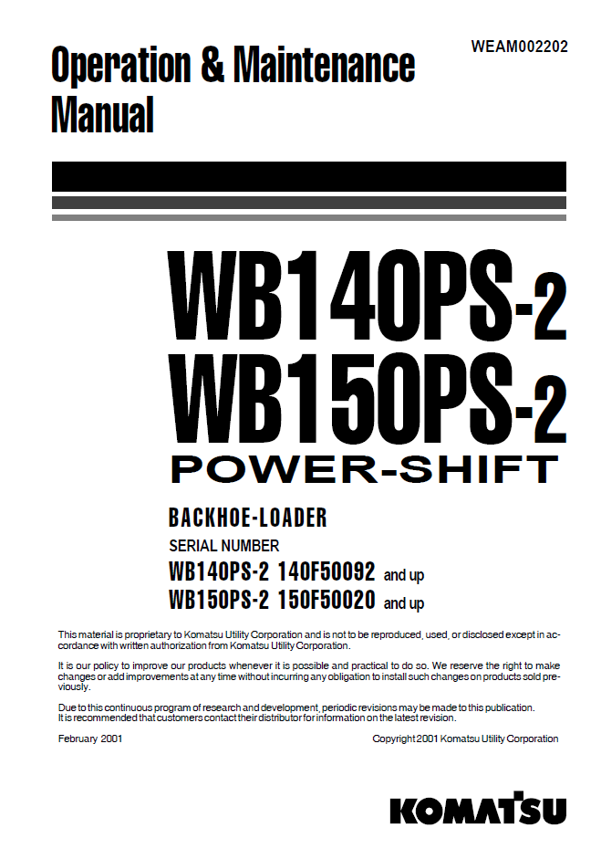 Manual de Operación y Mantenimiento Retroexcavadora Komatsu WB140PS-2 - 140F50092, WB150PS-2 - 150F50020