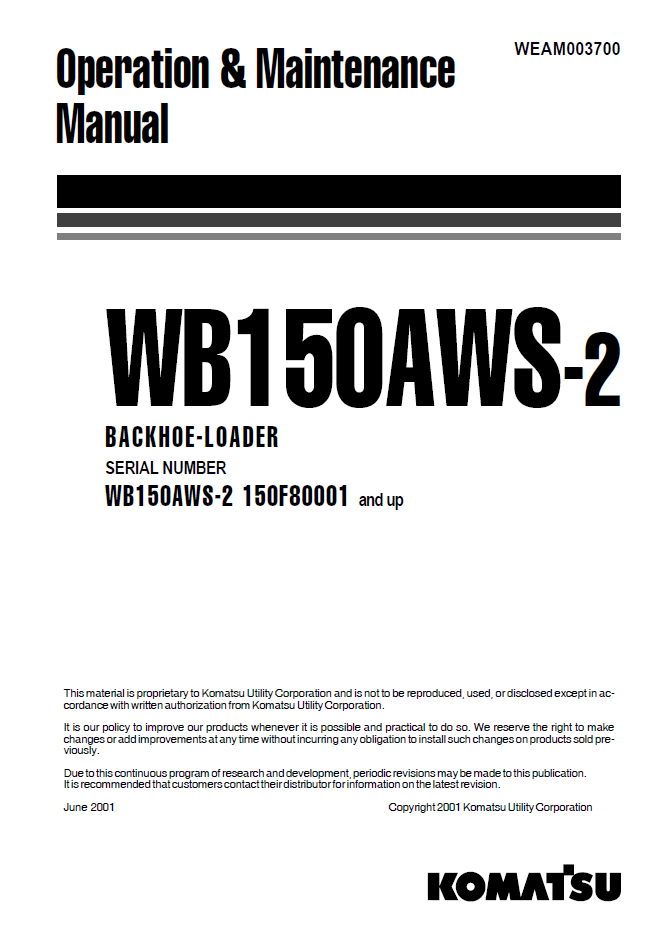 Manual de Operación y Mantenimiento Retroexcavadora Komatsu WB150AWS-2 - 150F80001