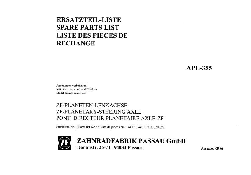 Manual de Partes Transmisón ZF APL 355 - 4472, 054, 017, 019, 020, 022