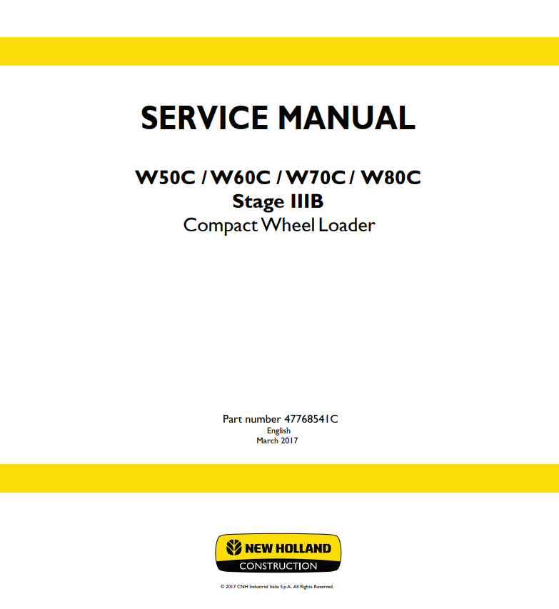 Manual de Reparación Cargador Compacto New Holland W50C TC, W50C ZB, W60C TC, W60C ZB, W70C HS, W70C, W80C HS, W80C Stage IIIB