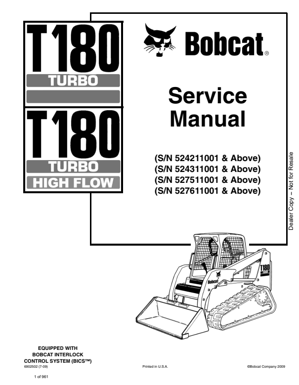 Manual de Reparación Minicargador Deslizante Bobcat T180 Turbo
