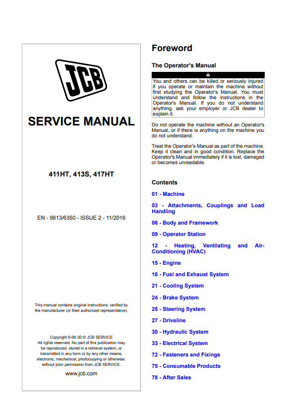 Manual de Reparación Cargador JCB 411HT, 413S, 417HT