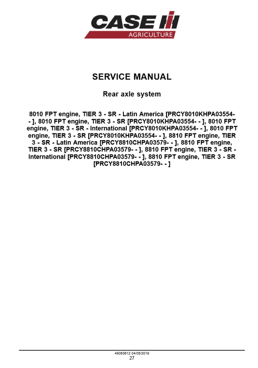 Manual de Reparación Cosechadora de Caña de Azúcar Case A8010, A8810