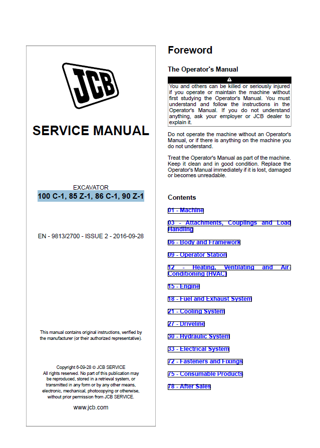 Manual de Reparación Excavadora JCB 100 C-1, 85 Z-1, 86 C-1, 90 Z-1