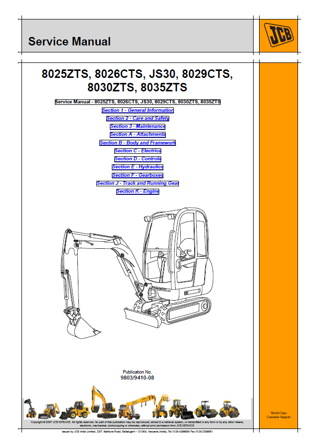 Manual de Reparación Mini Excavadora JCB 8025ZTS, 8026CTS, JS30, 8029CTS, 8030ZTS, 8035ZTS