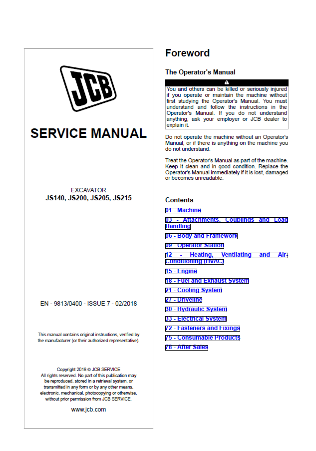 Manual de Servicios Excavadora JCB JS140, JCB JS200, JCB JS205, JCB JS215