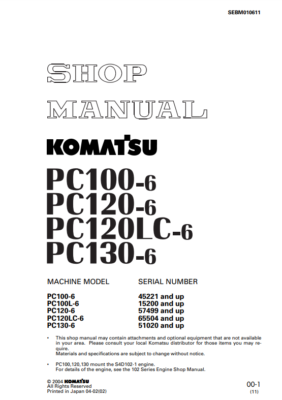 Manual de Reparación Excavadora Komatsu PC100-6, PC100L-6, PC120LC-6, PC130-6