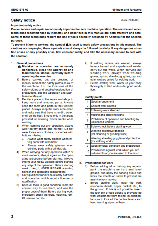 Manual de Reparación Excavadora Komatsu PC138US-8 , PC138USLC-8