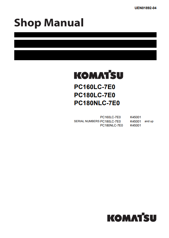 Manual de Reparación Excavadora Komatsu PC160LC-7E0, PC180LC-7E0, PC180NLC-7E0